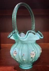 New ListingFenton Hand Painted Turquoise Glass Decorative Basket Floral With Handles 10in