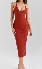 House Of CB Ria Terracotta Stretch Cotton Fitted Midi Dress, Size S NWT