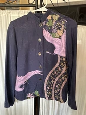 Citron XS/S Crane 100% Silk Button Up Blouse Santa Monica Heron Textured Mandala