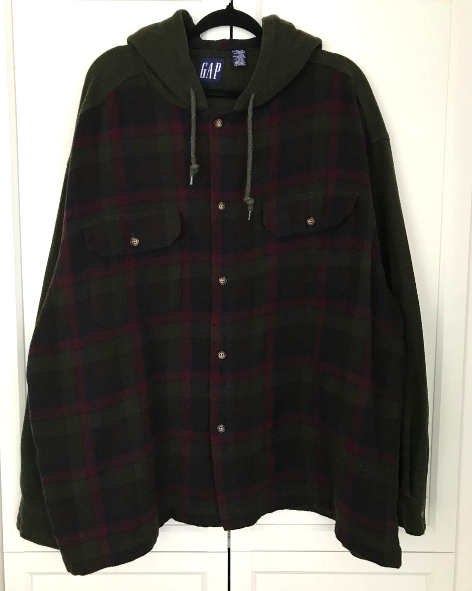 Gap VTG 90s Flannel Plaid Wool Blend Button Down Hooded Shirt