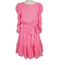 Lilly Pulitzer Chianna Dress Pink Silk Metallic Gold Dots Ruffle Puff Sleeve 4
