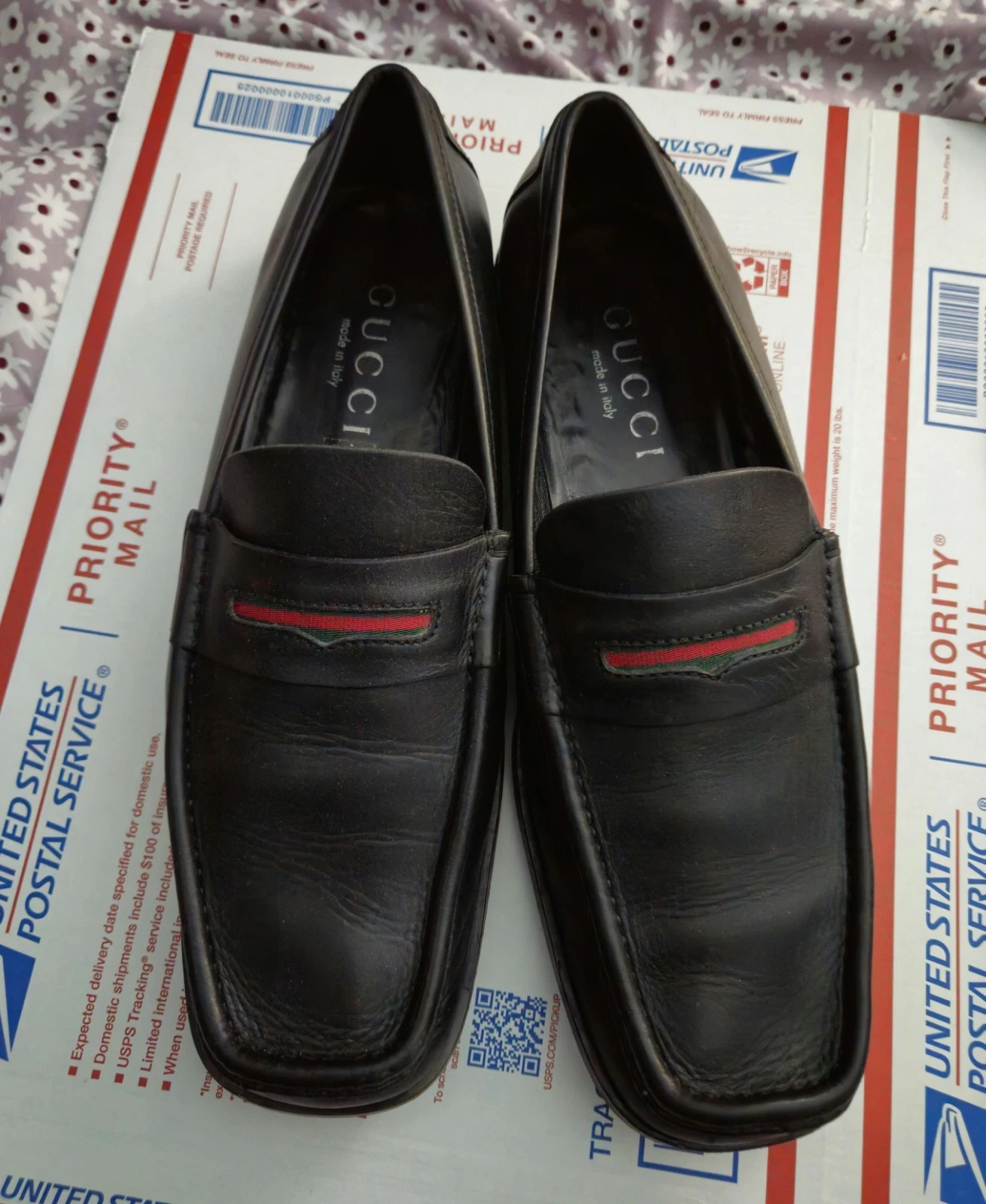 Mocassins homme Gucci cuir noir rouge et vert toile à enfiler taille US 10,5 EU 44 E