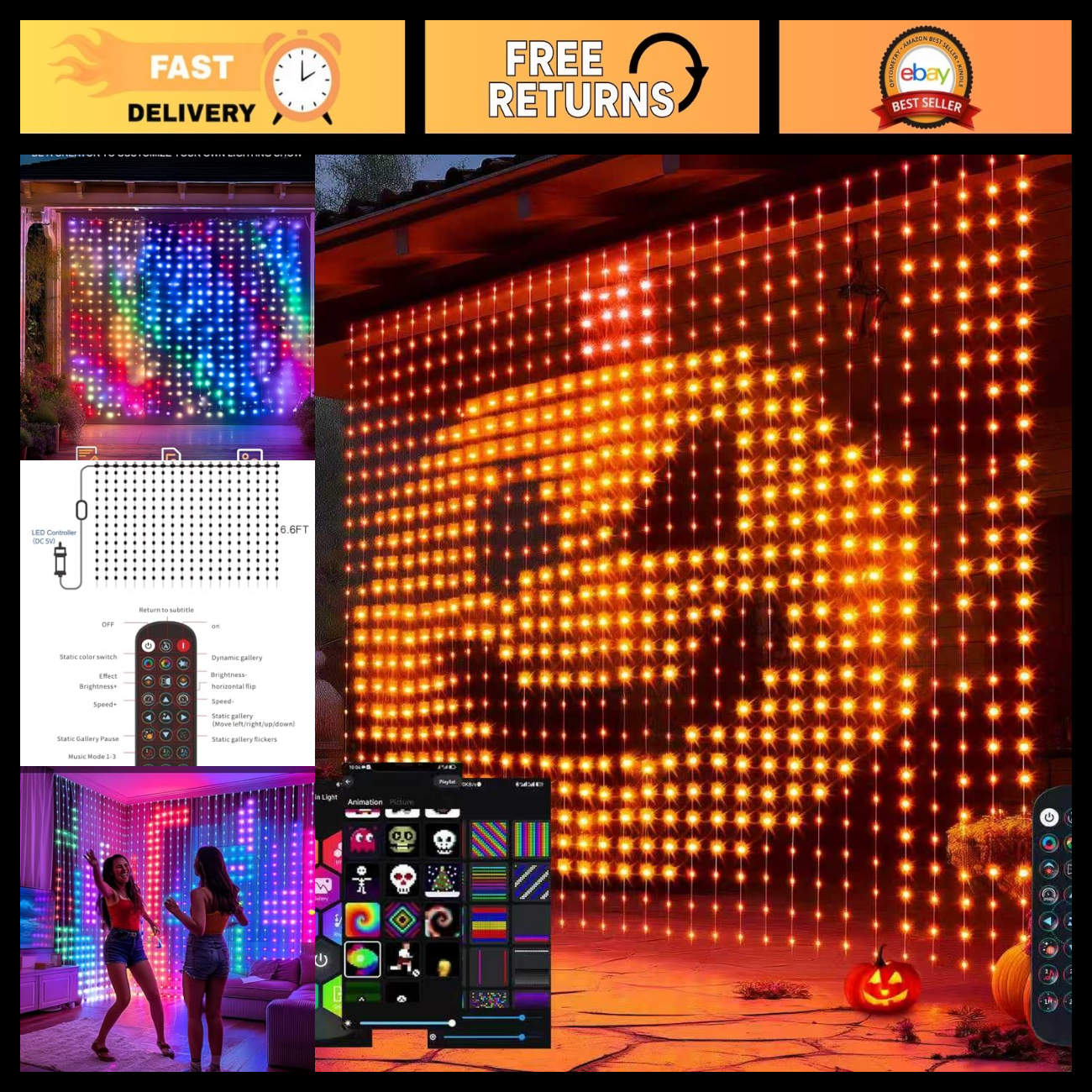 Color Changing Smart Curtain Lights 400LED 6.6FT x 6.6FT with Remote