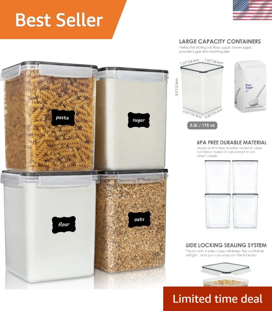 Large Black 5.2L Food Storage Canisters - 4PC Set with Labels and Measuring Cups