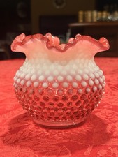 Elegant Vintage Fenton Cranberry Opalescent Hobnail Ruffled Squat Bowl Ex Con