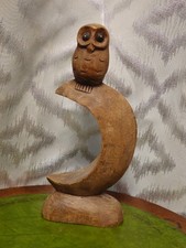 Vintage Hand Carved Wood Owl Perched On Crescent Moon Sculpture Folk Art