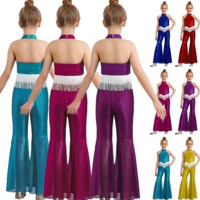 US Girls Sequins Jazz Dance Sleeveless Halter Neck Crop Top with Flared Pants