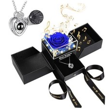 Preserved Real Rose Gift Box with Necklace, Eternal Flowers Rose Birthday Blue