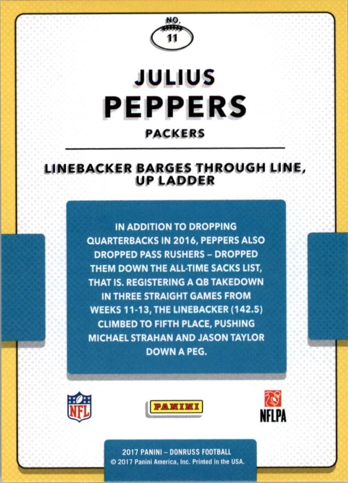 2017 Donruss Highlights #11 Julius Peppers - FB - Image 2 of 2