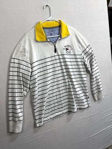 Nautica Sweater Men Large Stripe White Sailing Club Long Sleeve 1/4 Zip Pullover - Picture 2 of 10