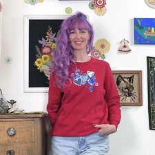 Vintage Grannycore Crew Neck, 90s Red Sweatshirt w/ Blue Flowers  Hearts Sz L