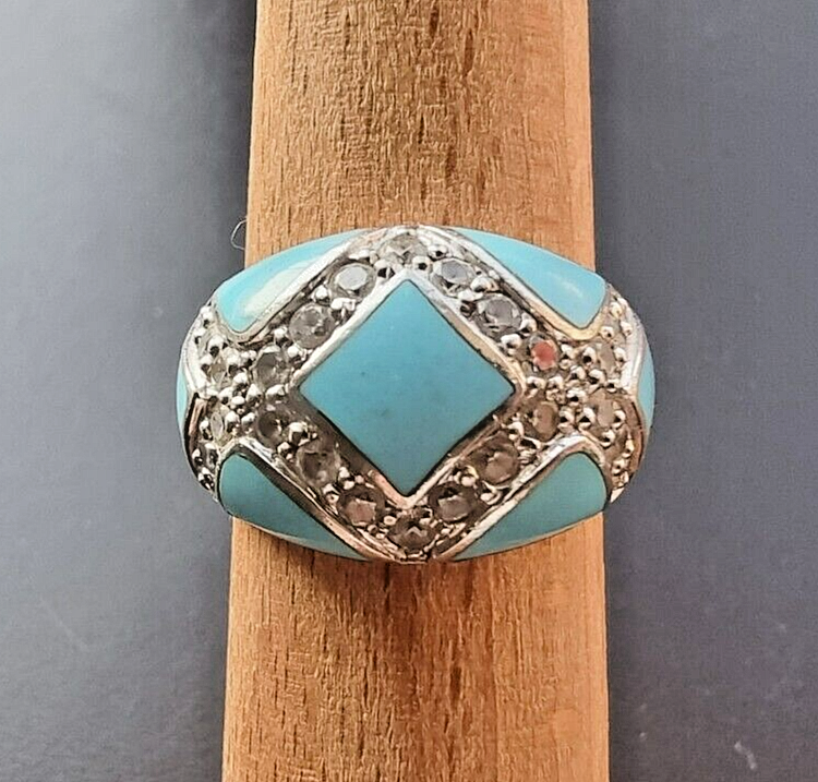 DOCZ 925 STERLING SILVER TURQUOISE AND CZ DOME RING SIZE DOCZ 925 STERLING SILVER TURQUOISE AND CZ DOME RING SIZE