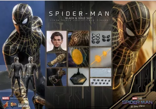 Figura Peter Paker No Way Home Spider-Man 1/6 traje negro y dorado Hot Toys MMS604