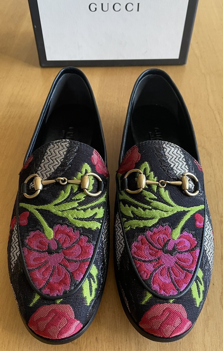Gucci New Jordaan Brocade Horsebit Loafer Black Pink Floral
