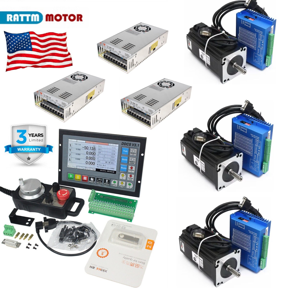 US丨3Axis 12N.m Nema 34 Closed Loop Servo Stepper Motor Driver CNC