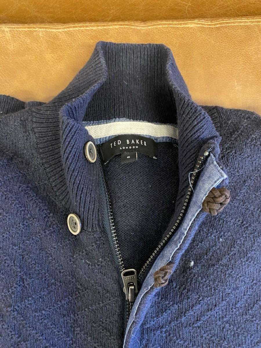 Ted Baker Jacquard Knit Navy Full Zip Mock Neck Sweater With