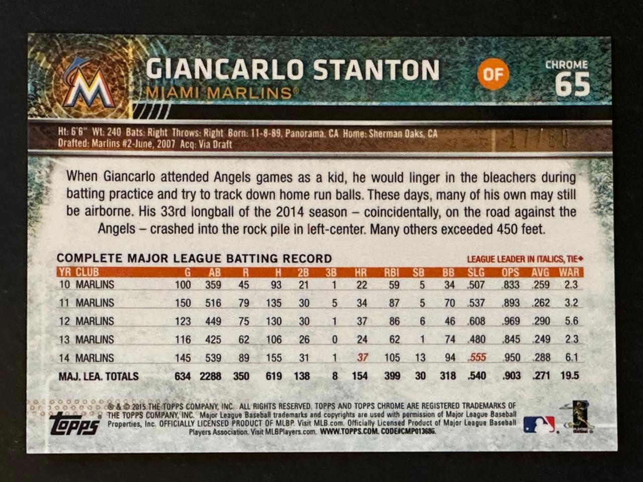 2015 Topps Chrome Gold Refractor #65 Giancarlo Stanton 17/50 - Picture 2 of 2