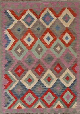 Diamond Pattern Reversible Kilim Kelim Rug 5x6 Wool Flatweave Carpet