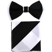 New formal Men's polyester pre-tied bow tie hankie two tone black white wedding