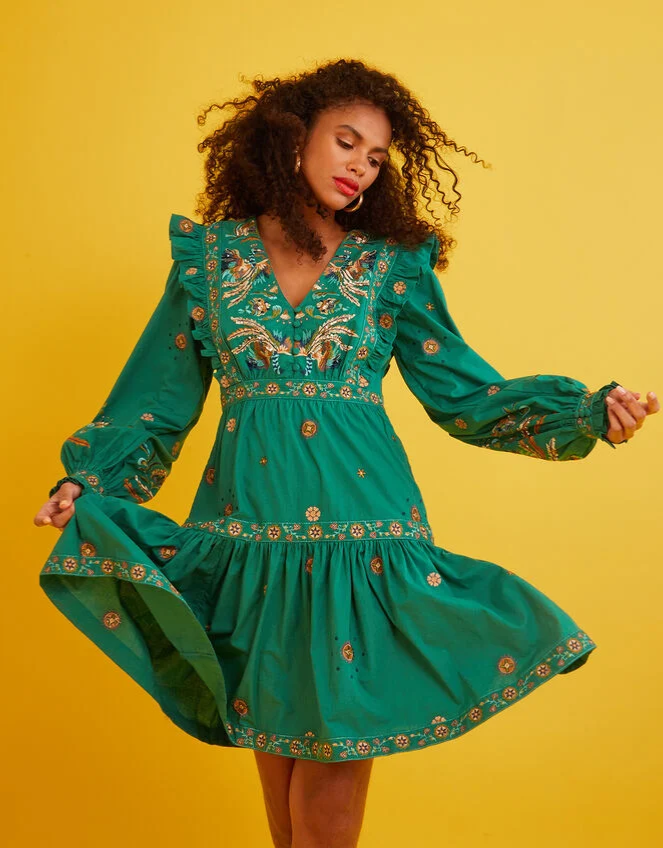 Monsoon size 18 Gianna green embroidered knee length cotton dress