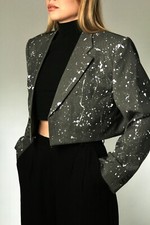Oversized Cropped Grey Dressy Evening Jacket with Sparkle Crystals, Hand Painted