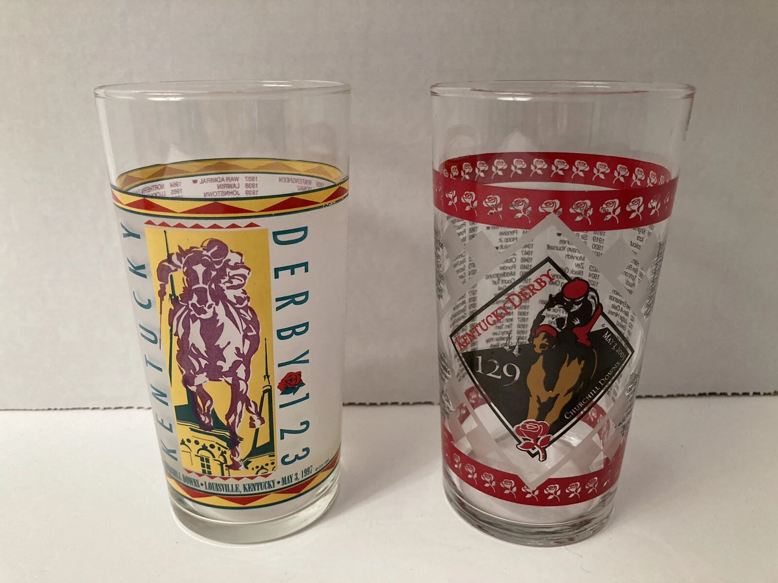 Set of 2 Kentucky Derby 12 Ounce Drinking Glasses 123 and 129th Runnings