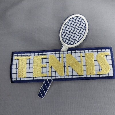 'TENNIS' Spell Out Racket Blue Gold Iron-On Patch 5'' x 5 1/2''