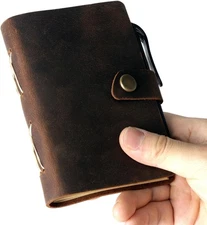 Pocket Notebook with Pen,Genuine Leather Journal Mini Notebook Small Unlined Not