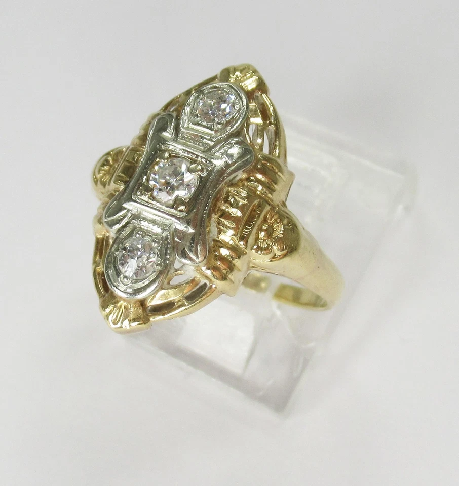 Anillo Estate de 3 piedras de filigrana y diamantes de oro amarillo y blanco de 14 quilates talla 6 gran regalo* Foto 2 de 4