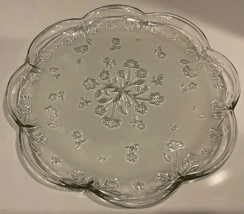 Vtg Anchor Hocking Clear Glass Serving Platter - Savannah-Floral Embossed 12x12