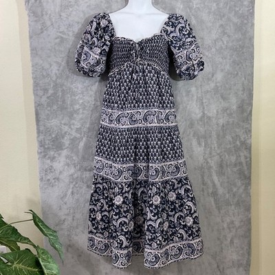 SEA New York Jasper smocked Dress midi women s L cottage Cotton Puff Sleeve