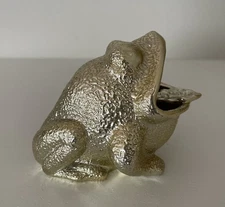 Vintage MCM Frog Ashtray Gold  Pottery Open Mouth w Leaf Japan