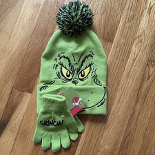 Dr. Seuss The Grinch Youth Beanie  Mittens Set Pom Pom Green Winter Hat NWT
