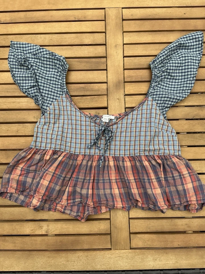 Blusa sin mangas American Eagle a cuadros guinga babydoll para mujer talla mediana” Foto 2 de 4