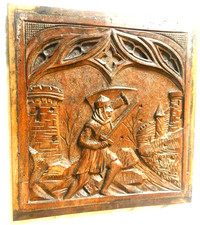 Panneau bois sculpté ancien Moyen-Age chevalier croisade médiéval Bretagne 19éme