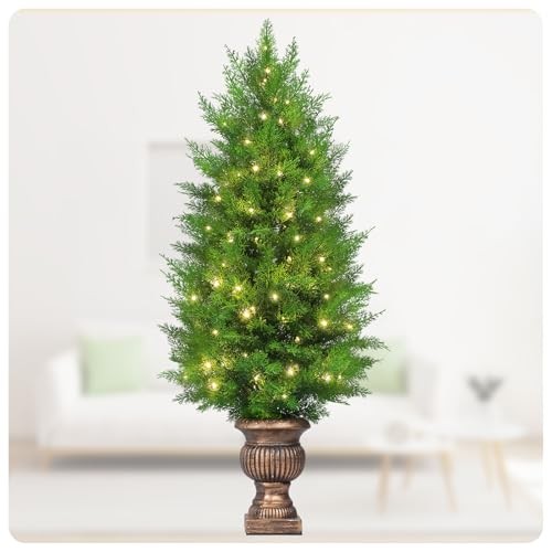4FT Pre-Lit Topiary Trees Artificial Outdoor - UV-Resistant Faux Cedar 4ft - Picture 2 of 8