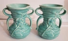 PAIR Vintage Shawnee Pottery Turquoise Vases Double Handles 5” Tall