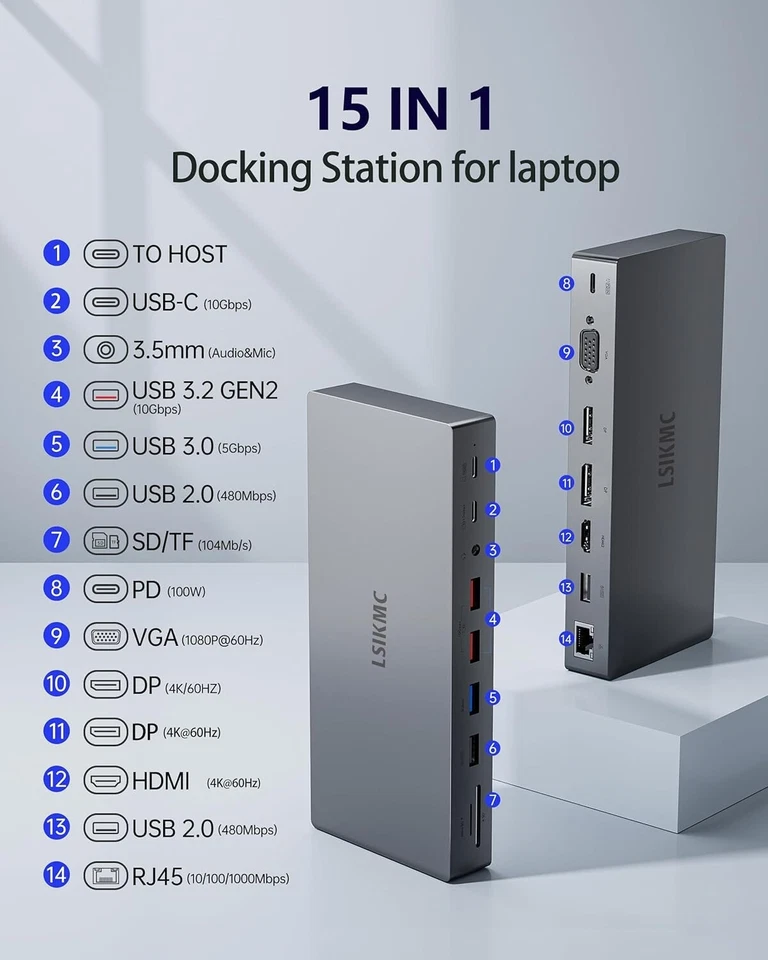 Laptop Docking Station Dual 4K Monitors 2 DP HDMI 100W PD Ethernet 10G USB-C SD - Image 2 of 4