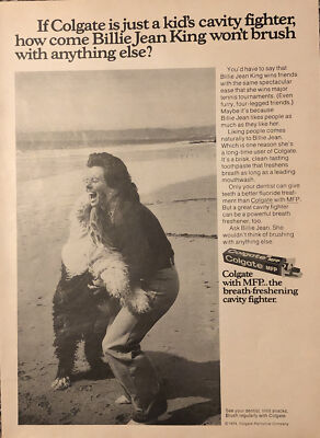 1974 Billie Jean King Colgate Toothpaste PRINT AD Sheepdog Cavity Fight VTG 70s