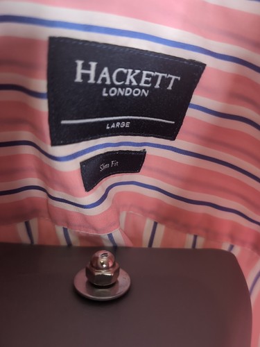 Hackett London long sleeve Shirt Large Slim Fit Pink Blue Striped 100% Cotton - Picture 6 of 10