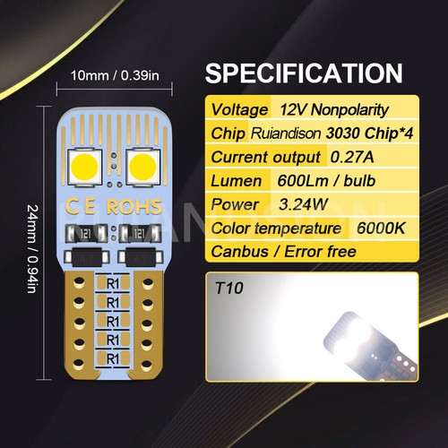 Ruiandsion T10 LED Car Interior Light Bulb W5W Car Dome Light CANBUS 12V White - Foto 10 di 12