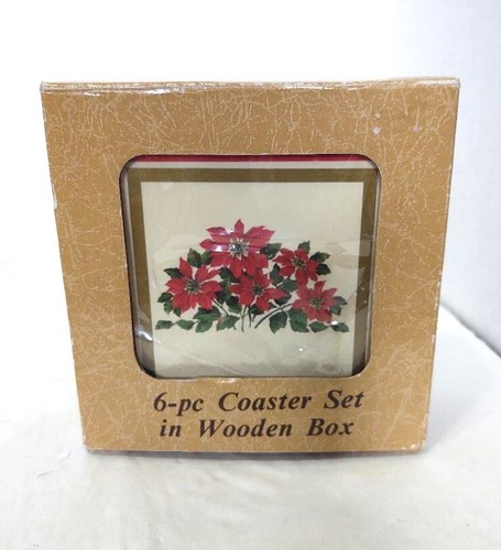 Vintage MCM Pointsettia Coasters Set of Six in Wooden Box Cork Back Christmas - Picture 4 of 6