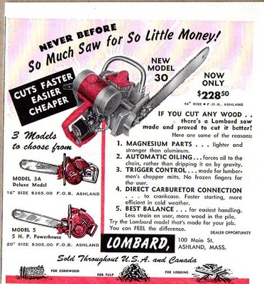 1953 Print Ad Lombard Chain Saws Model 30, 3A, 5, Ashland,Massachusetts