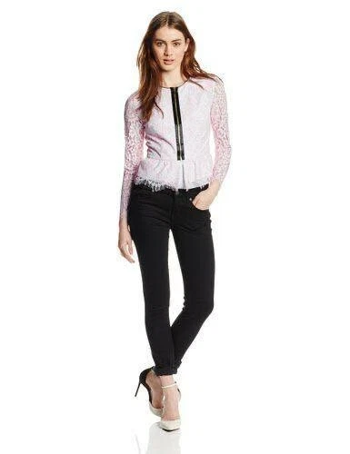 Y2K Juicy Couture Pink Neon Corded Lace Zip Jacket Peplum Frayed Crop Top 2 - Image 2 of 4