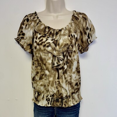 SUNNY LEIGH Blouse Women's Ruffle Small Animal Print Lion Tiger Leopard Cheetah