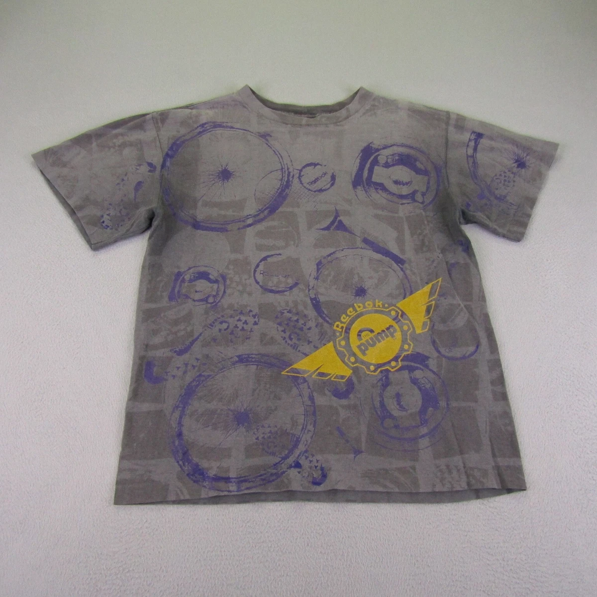 Vintage Reebok Pump Shirt Large Gray Purple Single Stitch All Over Print Tee AOP