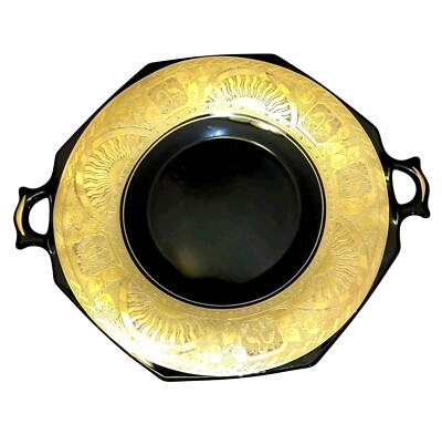 VTG Black Glass Etched Gold Rim Flamingo Server Poss Cambridge/L.E. Smith MCM