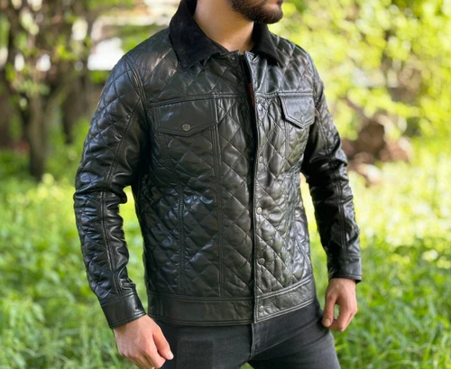 Mens Real Lambskin Quilted Leather Trucker Jacket, Black Leather Trucker Jacket - product listing photo