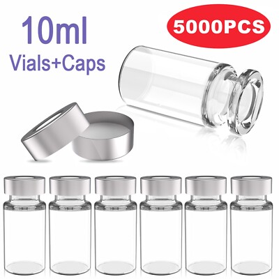 5000x 10mL Headspace Clear Glass Vials 20mm Aluminum Crimp Top Caps Flat Bottom