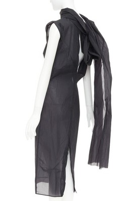 PRADA 2023 black RE-Nylon crinkle scarf rosette dipped back draped dress IT38 XS